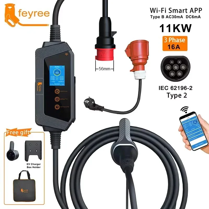 Type 2 Portable Ev Charger 11Kw Cee - เครื่องชาร์จรถยนต์ไฟฟ้าแบบพกพา Feyree 11KW 16A 3 เฟส