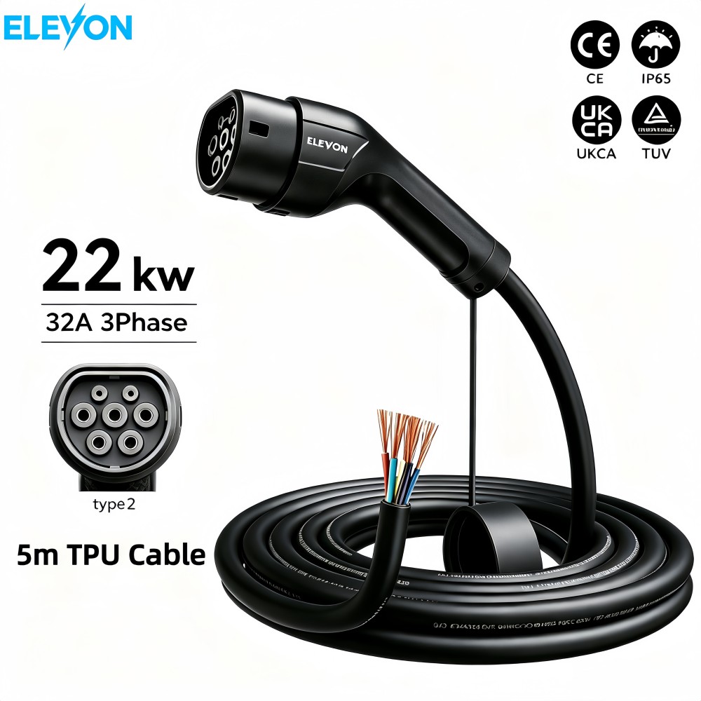 Ev Charger Type 2 22Kw 32A 3 Phase - สายชาร์จรถยนต์ ELEVON EV Charger Type2 หัวต่อข้างรถ