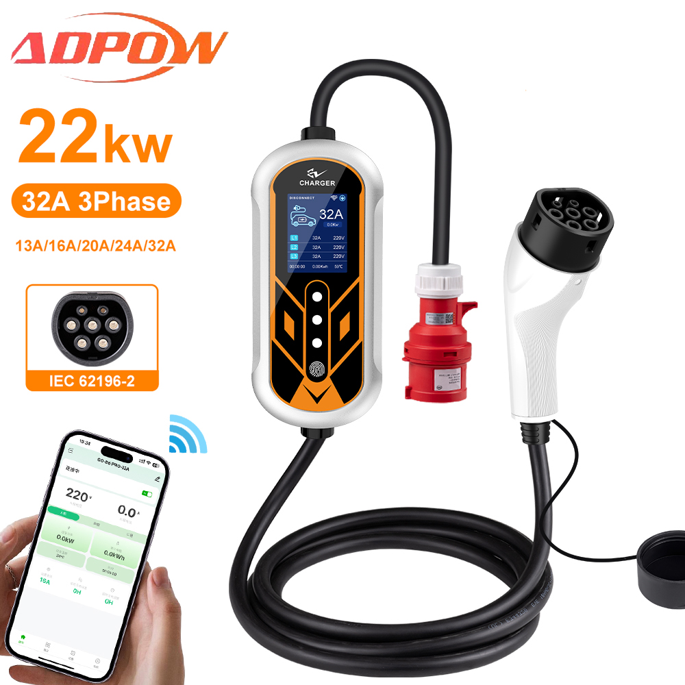 Ev Charger Type 2 22Kw 32A 3 Phase - ADPOW แบบพกพา 32A Type2 EV Charger