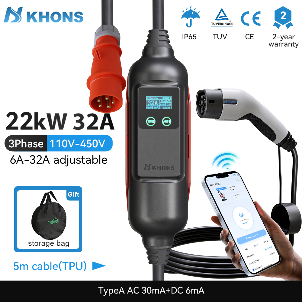 Khons แบบพกพา EV Charger Type2 - Ev Charger Type 2 22Kw 32A 3 Phase บทวิจารณ์และราคา